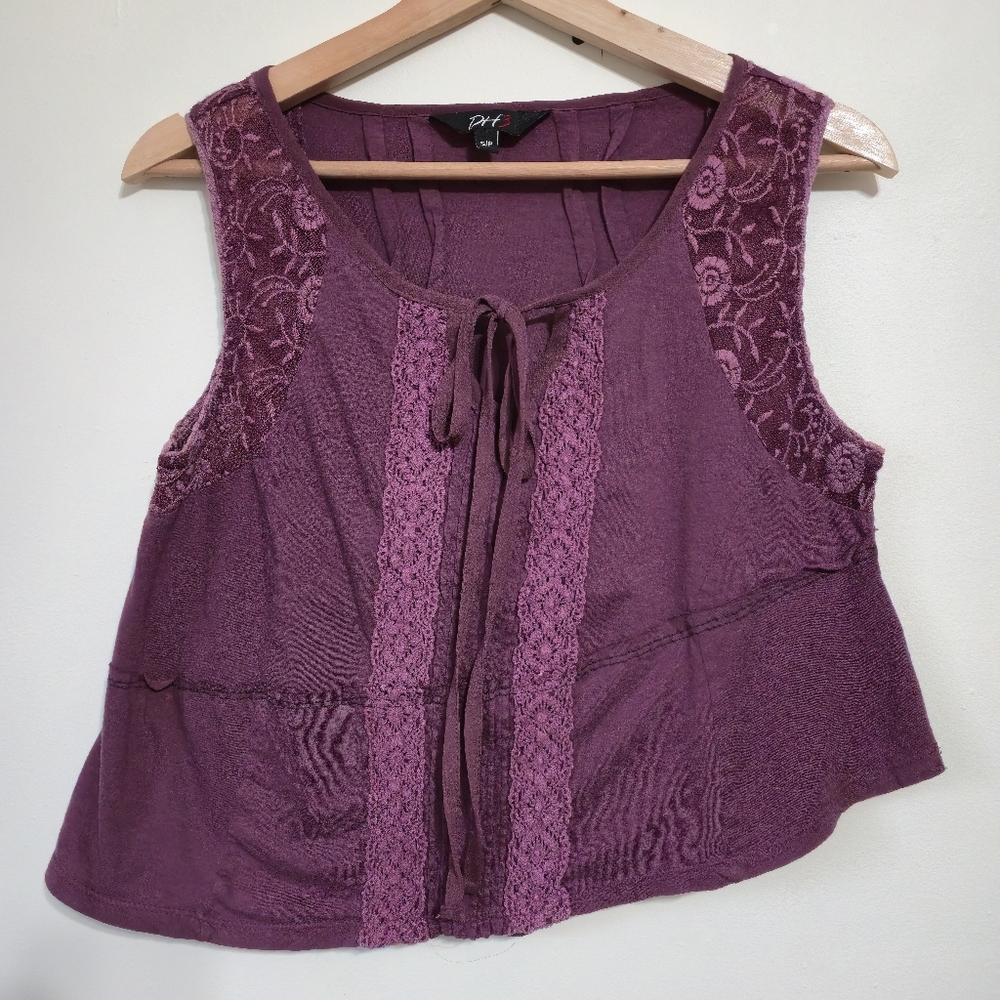 UPCYCLED Purple Asymmetrical Tank Top w Lace Detail and Tie Front, Small